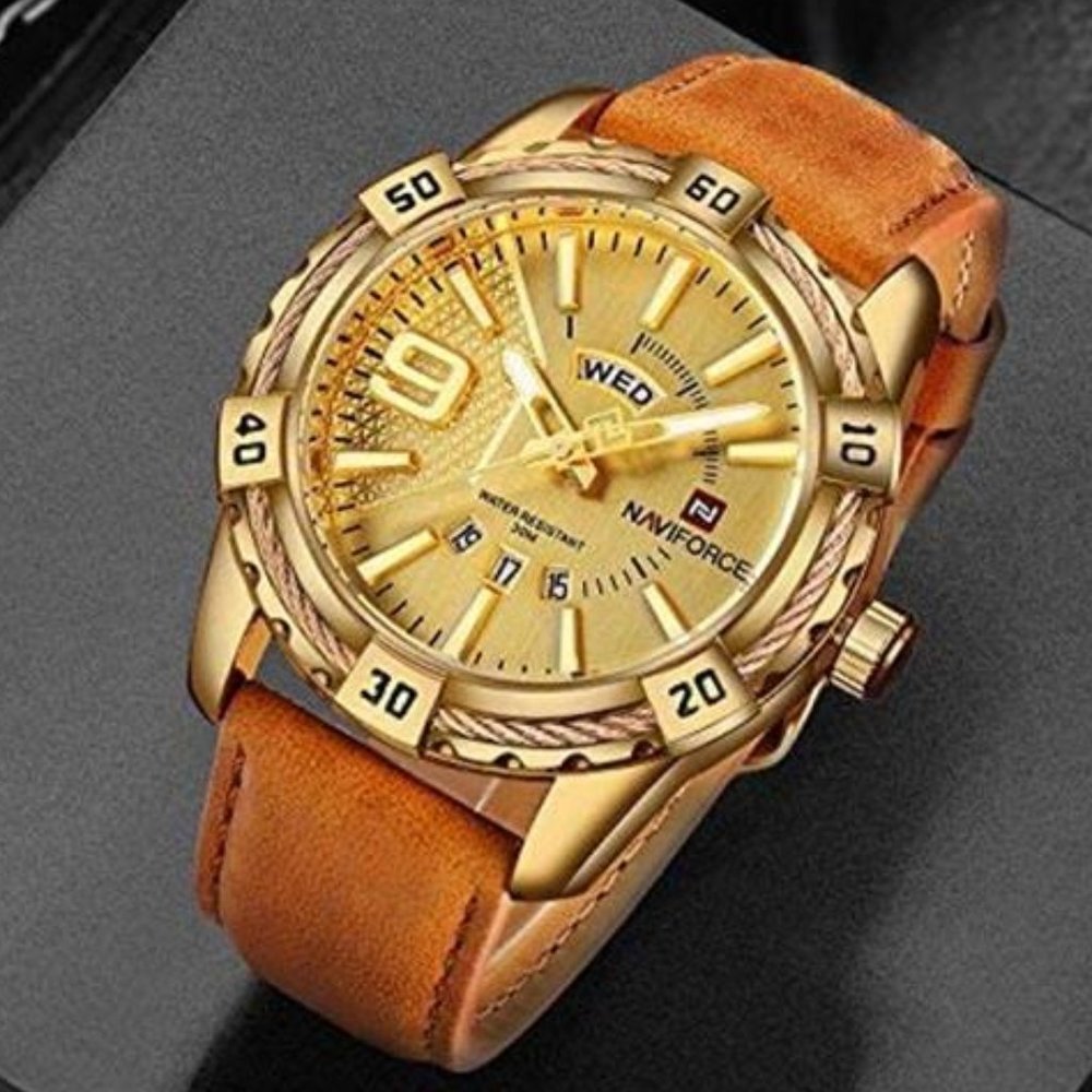 Luxury Gold Big Face Watch with leather Strap for Men